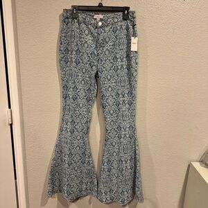 Blue Patterned Flare Jeans